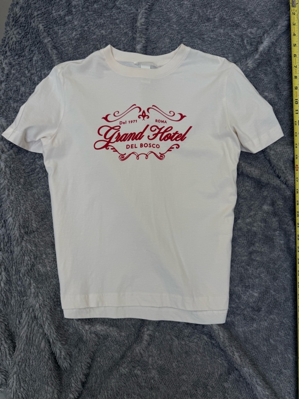H&M White Tee with Red 'Grand Hotel' Script